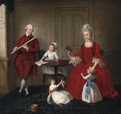 Rococo: Portret van de heer en mevrouw James Blew en hun drie kinderen in een elegant interieur door Johann Zoffany