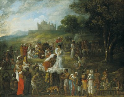 Offer van een Hindoe weduwe op de brandstapel van haar echtgenoot door Johan Joseph Zoffany