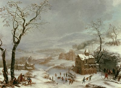 Winterscène bij de rivier Flustal door Johann the Yngr. Dallinger von Dalling