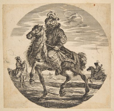 Hongaarse ruiter die naar links rijdt, andere ruiters op de achtergrond, een cirkelvormige c....n.d. door Johanna Christina Küsel