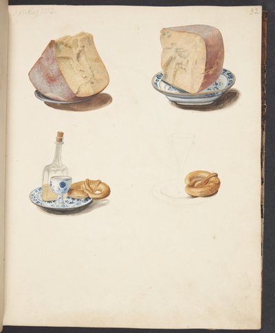 Stilleven met kaas, schnaps en pretzel door Johanna Fosie
