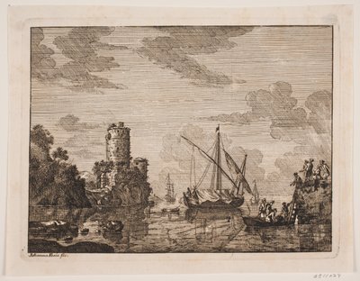 Schepen op een rivier. Links een toren door Johanna Fosie