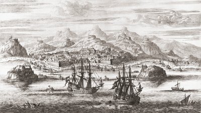 Nederlandse schepen voor Muscat, Oman in de 17e eeuw door Johannes (after) Kip