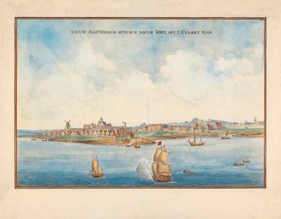 New York vanaf de zee in de 17e eeuw door Johannes (after) Vingboons