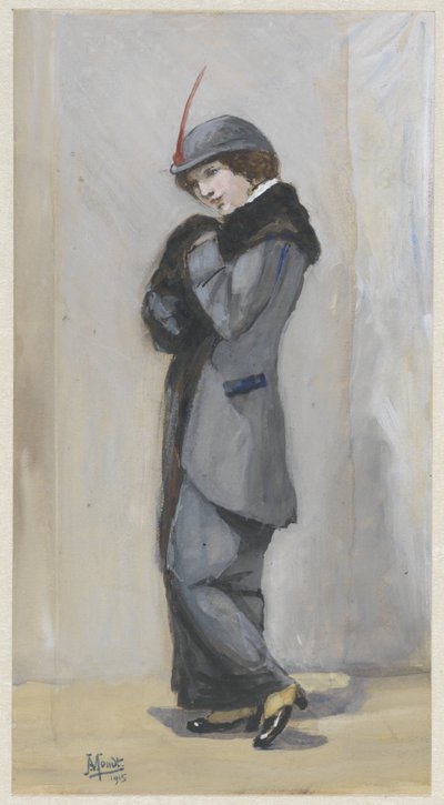 Staande dame in lange mantel met bont door Johannes Abraham Mondt