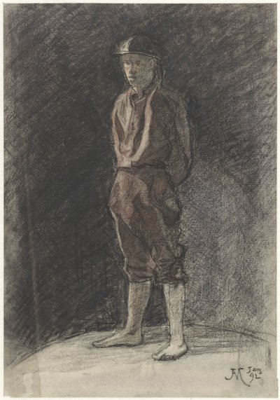 Staande man met helm en opgerolde boekspijpen door Johannes Abraham Mondt