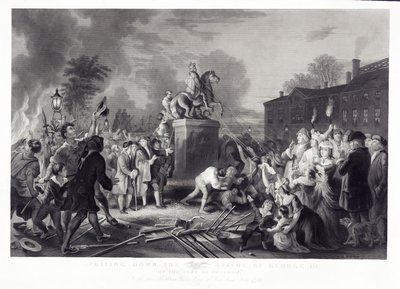 Het neerhalen van het standbeeld van George III door de Zonen van de Vrijheid, op de Bowling Green, New York, juli 1776, uitgegeven 1875 door Johannes Adam Simon after Oertel