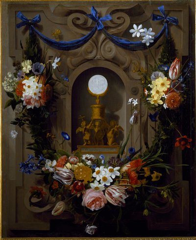 Eucharistie in een bloemenkrans door Johannes Antonius van der Baren
