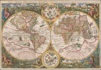 1596 kaart van de wereld - Orbis Terrae Compendiosa Descriptio Ex peristissimorum totius orbis Gaeographorum operibus desumpta door Johannes Baptista Vrints