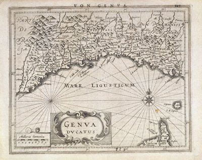 Hertogdom Genua, kaart door Jan Baptist Vrients uit Duitse atlas, kopergravure, helft van de 17e eeuw door Johannes Baptista Vrints