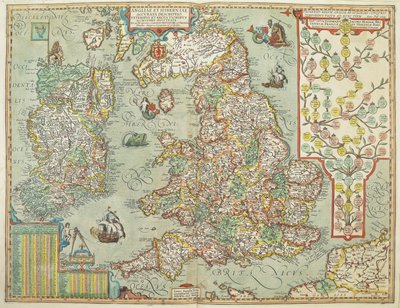 Kaart van Engeland en Ierland getekend in 1606 (gekleurde gravure) door Johannes Baptista Vrints