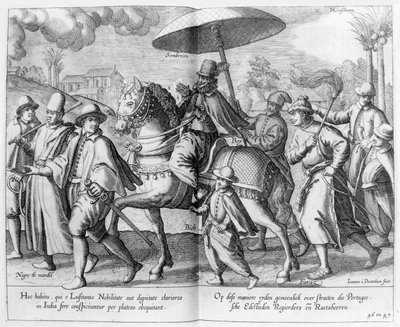 Portugese dignitaris of edelman in India door Johannes Baptista van the Younger Doetechum
