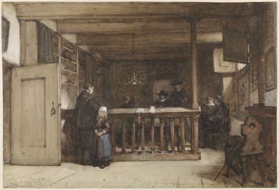 Betaaldag: De Schepenkamer in het Rechthuis te Nieuw-Loosdrecht, gestoffeerd met Zeventiende-eeuwse Figuren door Johannes Bosboom