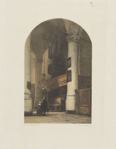 Kerkinterieur met twee figuren en orgel door Johannes Bosboom