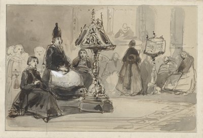 Kerkinterieur met zingende bisschop en nonnen door Johannes Bosboom