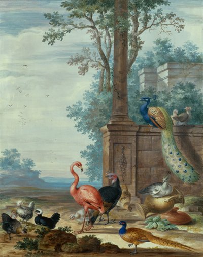 Een Italiaans Landschap met een Pauw, Fazant, Flamingo en andere Vogels door Johannes Bronckhorst