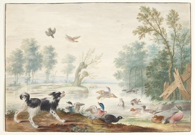 Een hond en eenden bij het meer door Johannes Bronckhorst