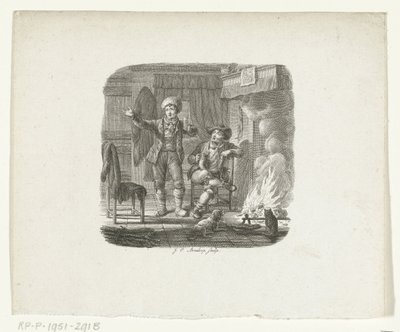 Twee mannen in gesprek bij haardvuur door Johannes Christiaan Bendorp