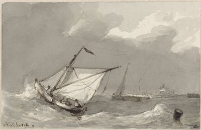 Vissersboot op een woelige zee, met in het verschiet een dorp door Johannes Christiaan Schotel