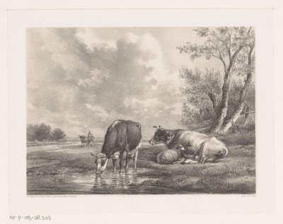 Twee koeien en schaap bij het water door Johannes Christiaan d