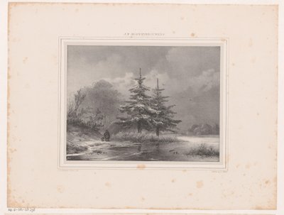 Winterlandschap met twee dennenbomen door Johannes Christiaan d