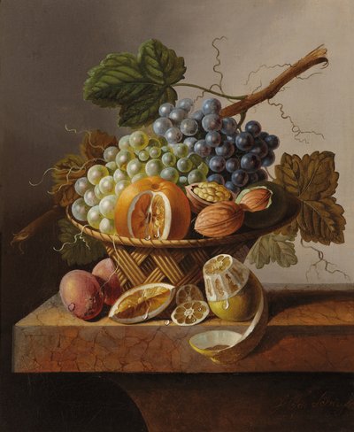 Druiven, een sinaasappel en walnoten in een rieten mand met een citroen en pruimen, allemaal op een marmeren rand door Johannes Cornelis Bruyn