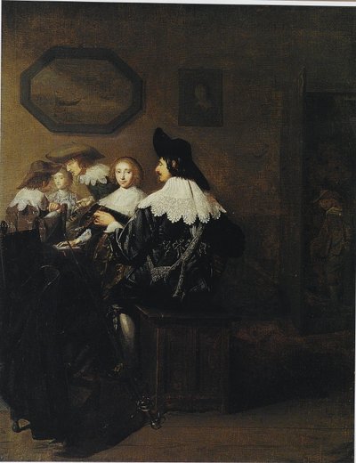 Gezelschap met een man die luit speelt, zittend aan een tafel door Johannes Cornelisz Verspronck