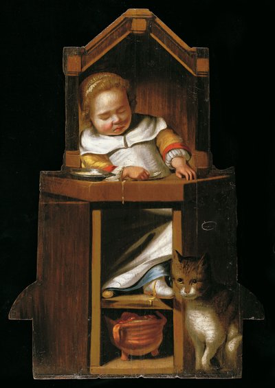 Slapende baby in kinderstoel door Johannes Cornelisz. Verspronck