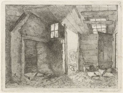 Schuur met kippen door Johannes Everhardus Rijnboutt