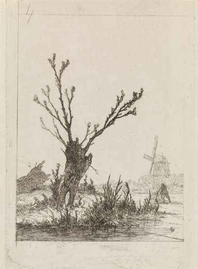 Schaatser met slee bij een knotwilg door Johannes Franciscus Hoppenbrouwers