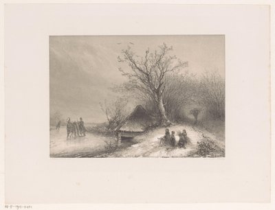 Wintergezicht met arrenslee op het ijs door Johannes Franciscus Hoppenbrouwers
