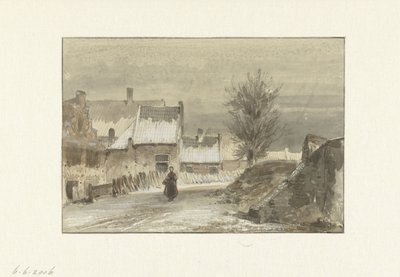 Wintergezicht met vrouw staand op het ijs door Johannes Franciscus Hoppenbrouwers