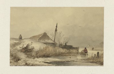 Winterlandschap met boerderij aan sloot door Johannes Franciscus Hoppenbrouwers
