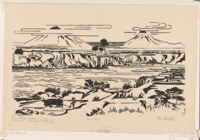 Landschap, Midden-Java: Merbaboe, Merapi, Ello rivier door Johannes Frederik Engelbert ten Klooster (signed by artist)