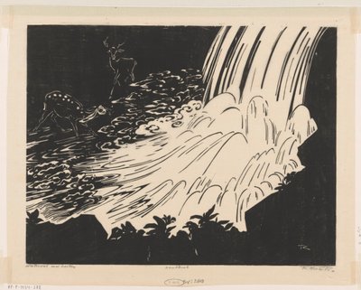 Waterval met herten door Johannes Frederik Engelbert ten Klooster (signed by artist)