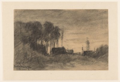 Groep huizen en bomen bij Hooghalen, Avondstemming door Johannes Gijsbert Vogel