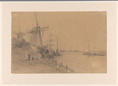 Molens bij Dordrecht langs de rivier met schepen door Johannes Gijsbert Vogel