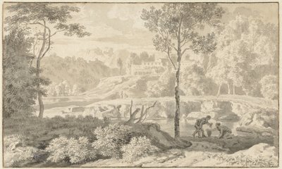 Arcadisch landschap met figuren bij een meer door Johannes Glauber