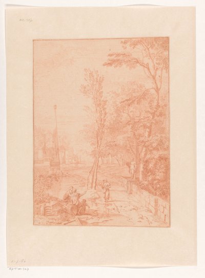 Arkadische Landschaft mit Figuren nahe einem Obelisken door Johannes Glauber