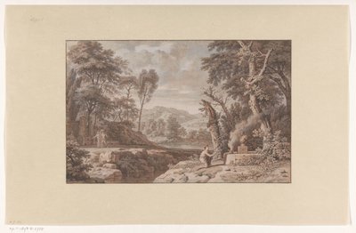 Arcadisch landschap met een offerscène door Johannes Glauber