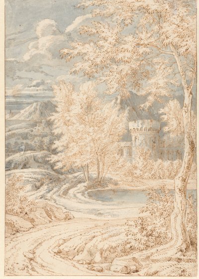 Arcadisch berglandschap met een ronde toren door Johannes Glauber