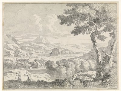 Heuvelachtig landschap met herders door Johannes Glauber