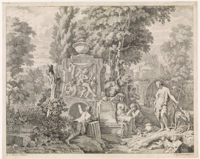 Landschap met een fontein en Diana en haar nimfen door Johannes Glauber