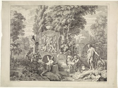 Landschap met een fontein en Diana en haar nimfen door Johannes Glauber