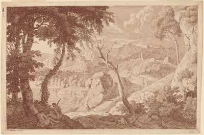 Berglandschap met twee rustende mannen door Johannes Glauber