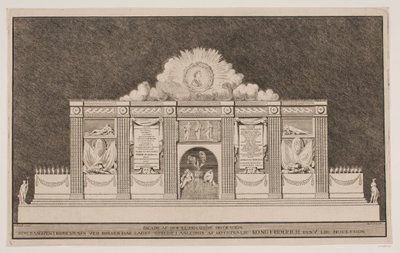 Facade van de Illuminatie Decoratie die Banqven in Kopenhagen bij de Beurs heeft opgericht ter gelegenheid van de lijkstoet van Zijne Majesteit Koning Frederik V door Johannes Gottfred Bradt