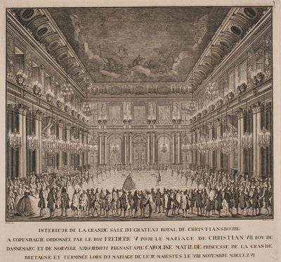 Hofballet in de ridderzaal van Christiansborg bij het huwelijk van Christian VII met Caroline Mathilde door Johannes Gottfred Bradt
