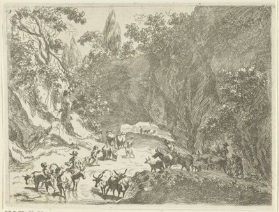 Berglandschap met herders en vee door Johannes Gronsveld