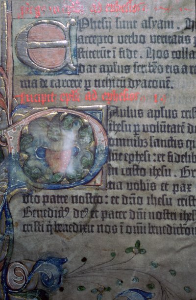 Detail van de vijftiende-eeuwse Gutenburg Bijbel, opening van Efeziërs door Johannes Gutenburg