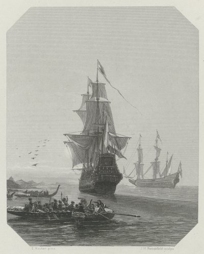 Aankomst van Abel Tasman in Nieuw-Zeeland, 1642-1643, ca. 1865 door Johannes Heinrich Maria Hubert Rennefeld